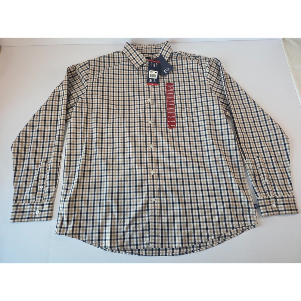 GAP Shirt Mens Extra Large Tan Blue Plaid Dress Office Soft Business Casual Work